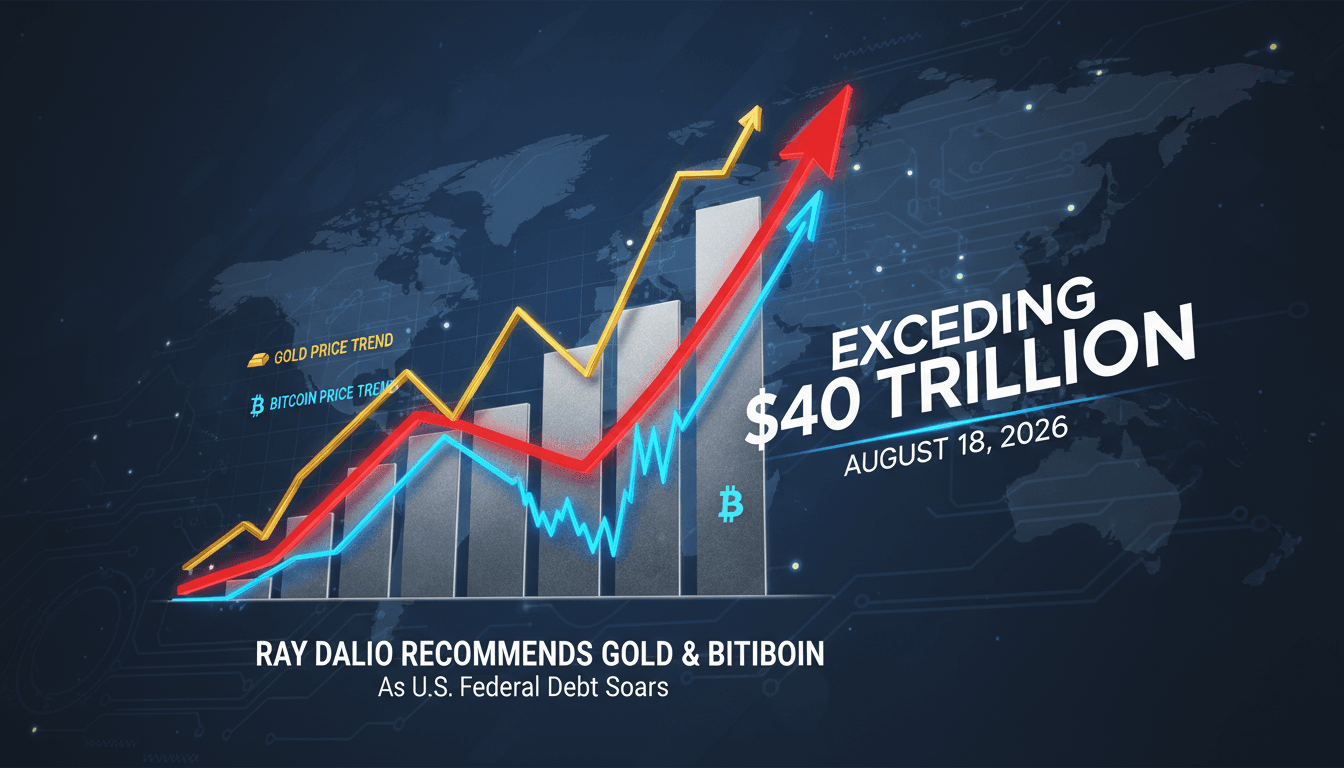Infographic showing Ray Dalio's investment advice on gold and Bitcoin amid rising U.S. federal debt.