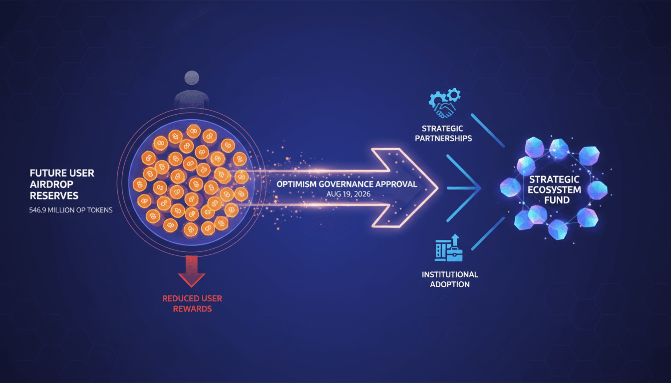 Infographic showing the reallocation of 546.9 million OP tokens to the Strategic Ecosystem Fund by Optimism governance.