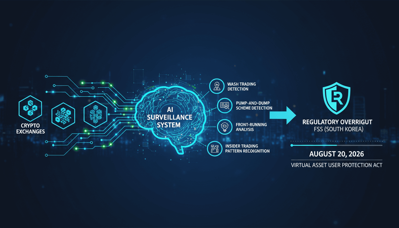 Infographic showing South Korea's AI surveillance system for cryptocurrency trading and its detection mechanisms.