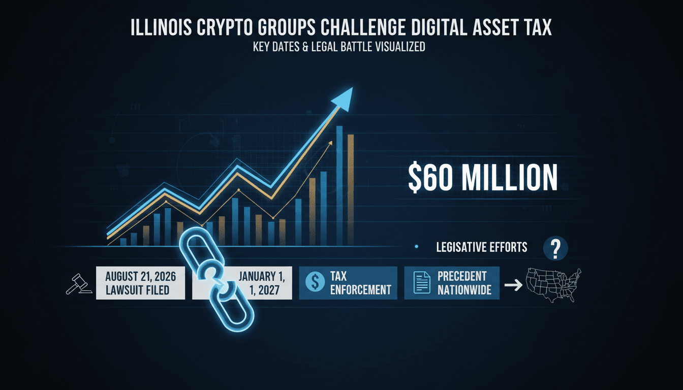A graphic illustrating the Illinois digital asset tax lawsuit and its potential financial impact.