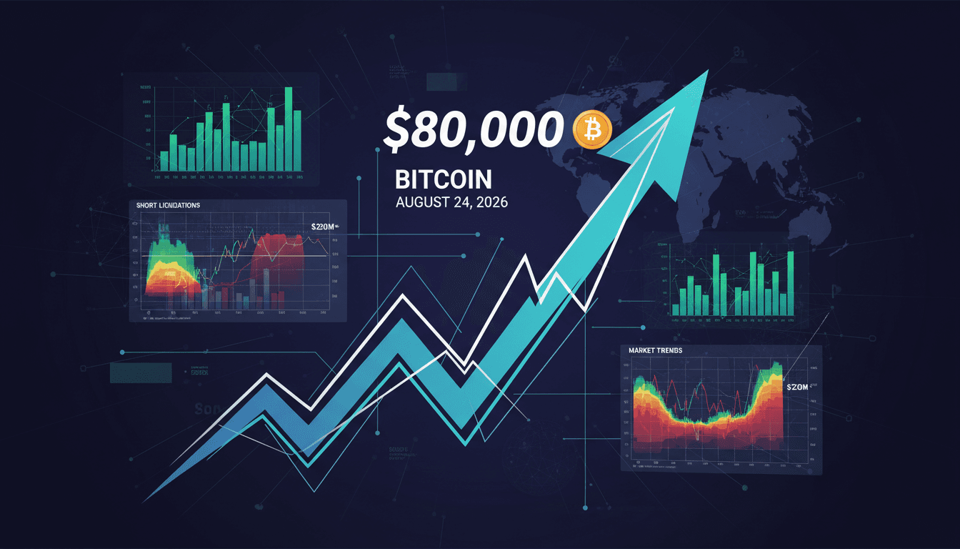 A graphic illustrating Bitcoin's price surge to $80,000 with market trends and short liquidation data.