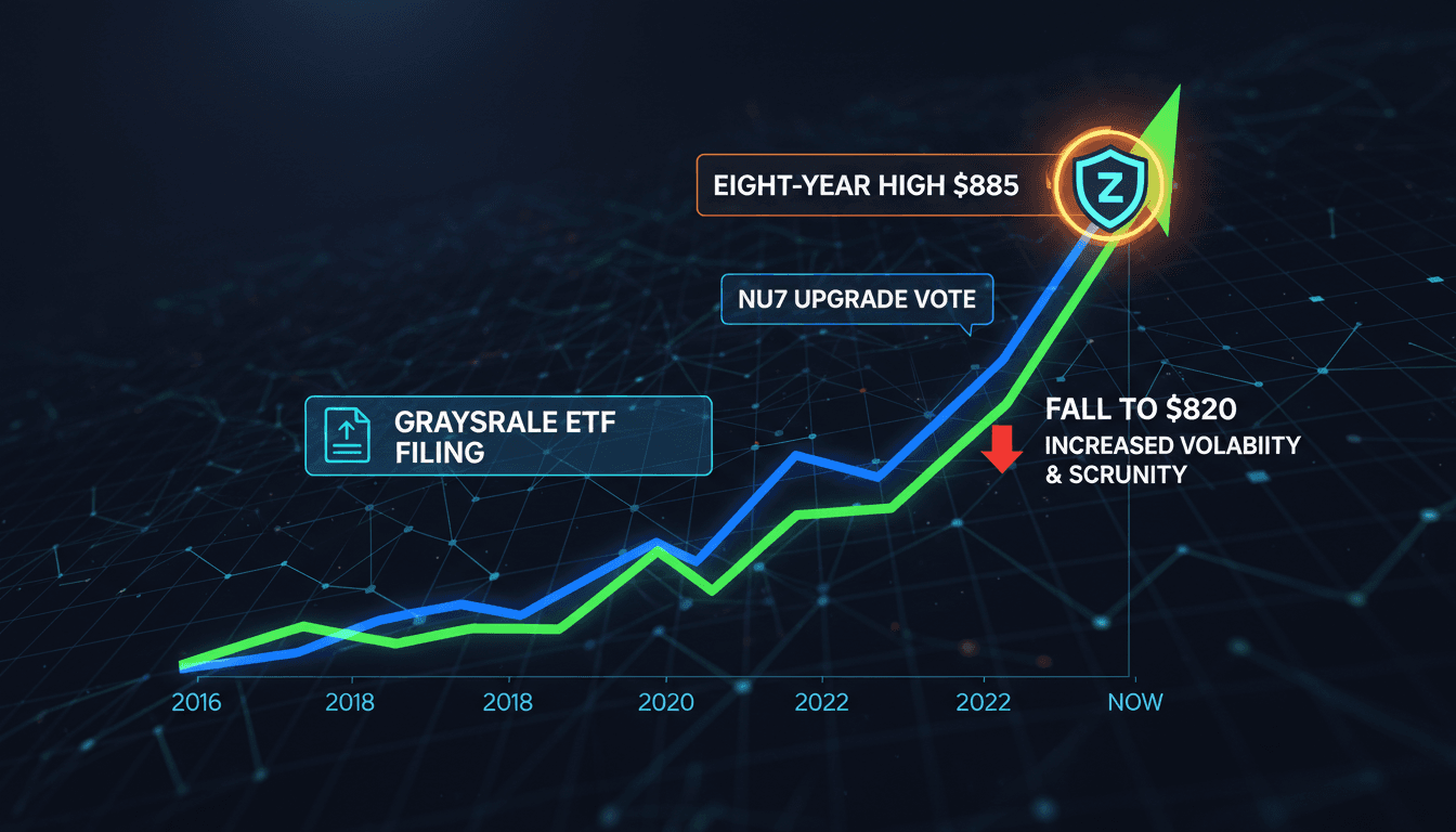 A graph illustrating Zcash's price surge to an eight-year high, highlighting key events like the ETF filing and NU7 vote.