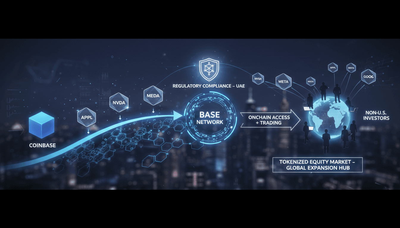 Infographic showing Coinbase's tokenized stocks on Base Network, highlighting regulatory framework and trading mechanisms.