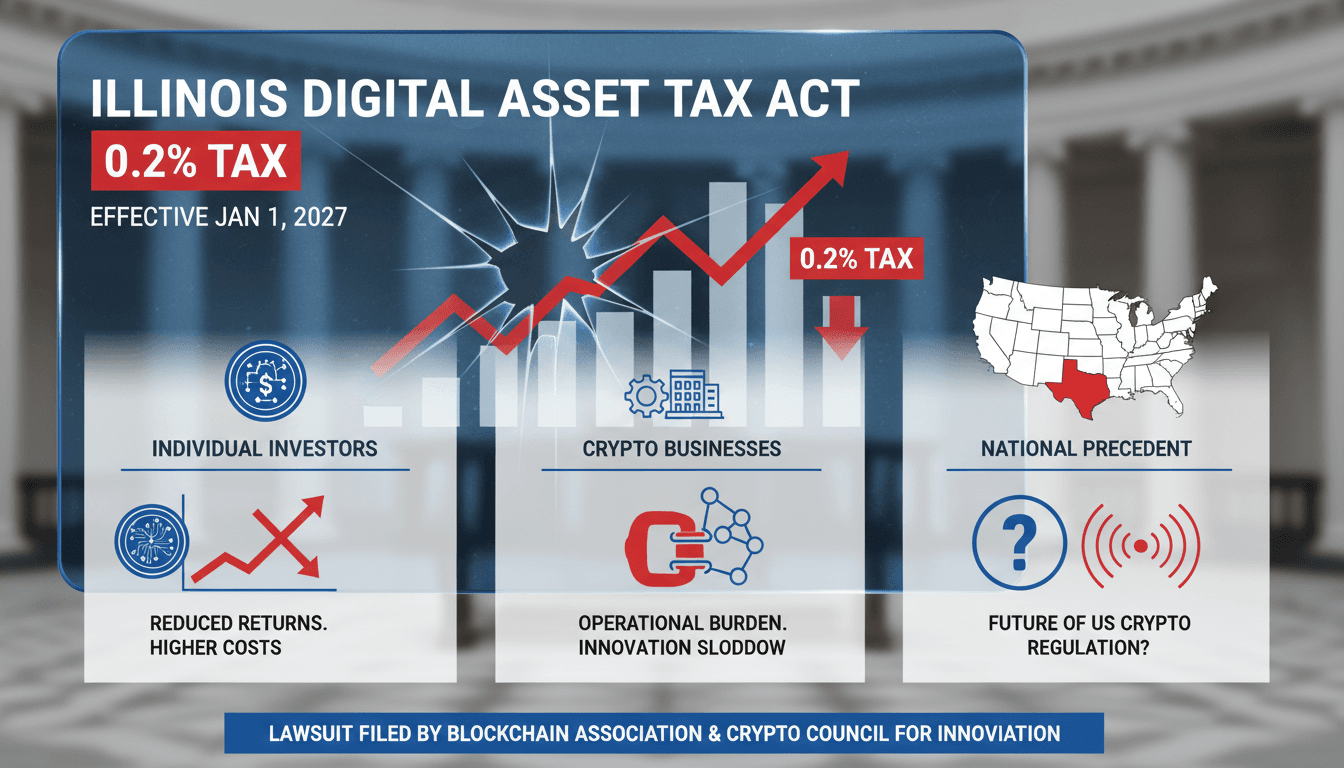 Infographic showing the impact of Illinois Digital Asset Tax Act on cryptocurrency transactions and stakeholders.