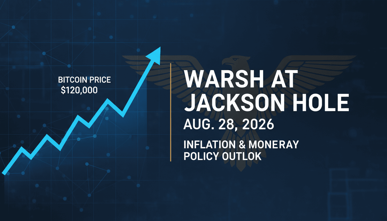 A visual representation of Bitcoin's price increase and details about Kevin Warsh's keynote at Jackson Hole.