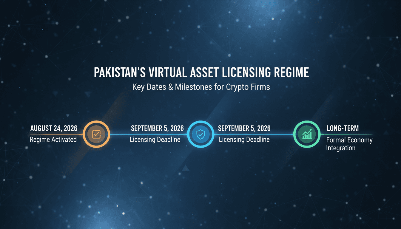 A timeline of Pakistan's new crypto licensing regime and its implications for users and firms.