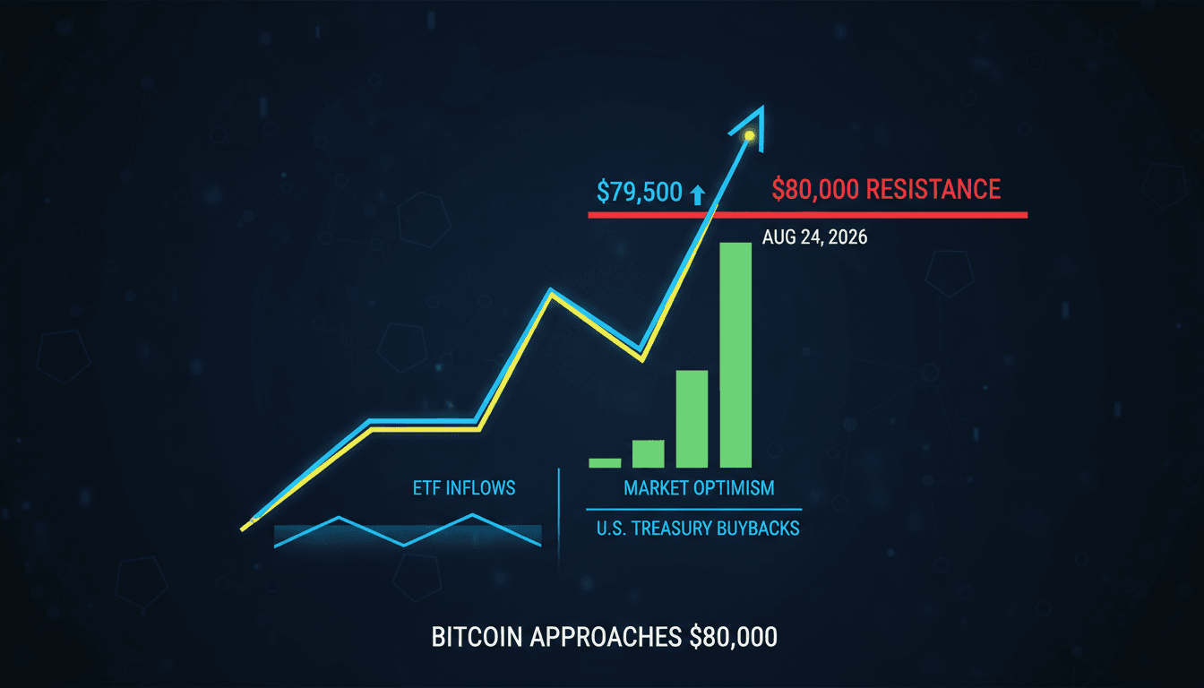 Bitcoin price chart showing movement towards $80,000 resistance level with market indicators.