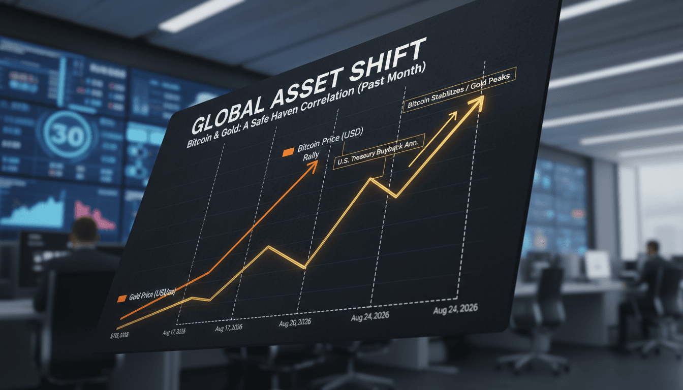 A chart showing Bitcoin and gold price movements, illustrating their correlation amid economic shifts.