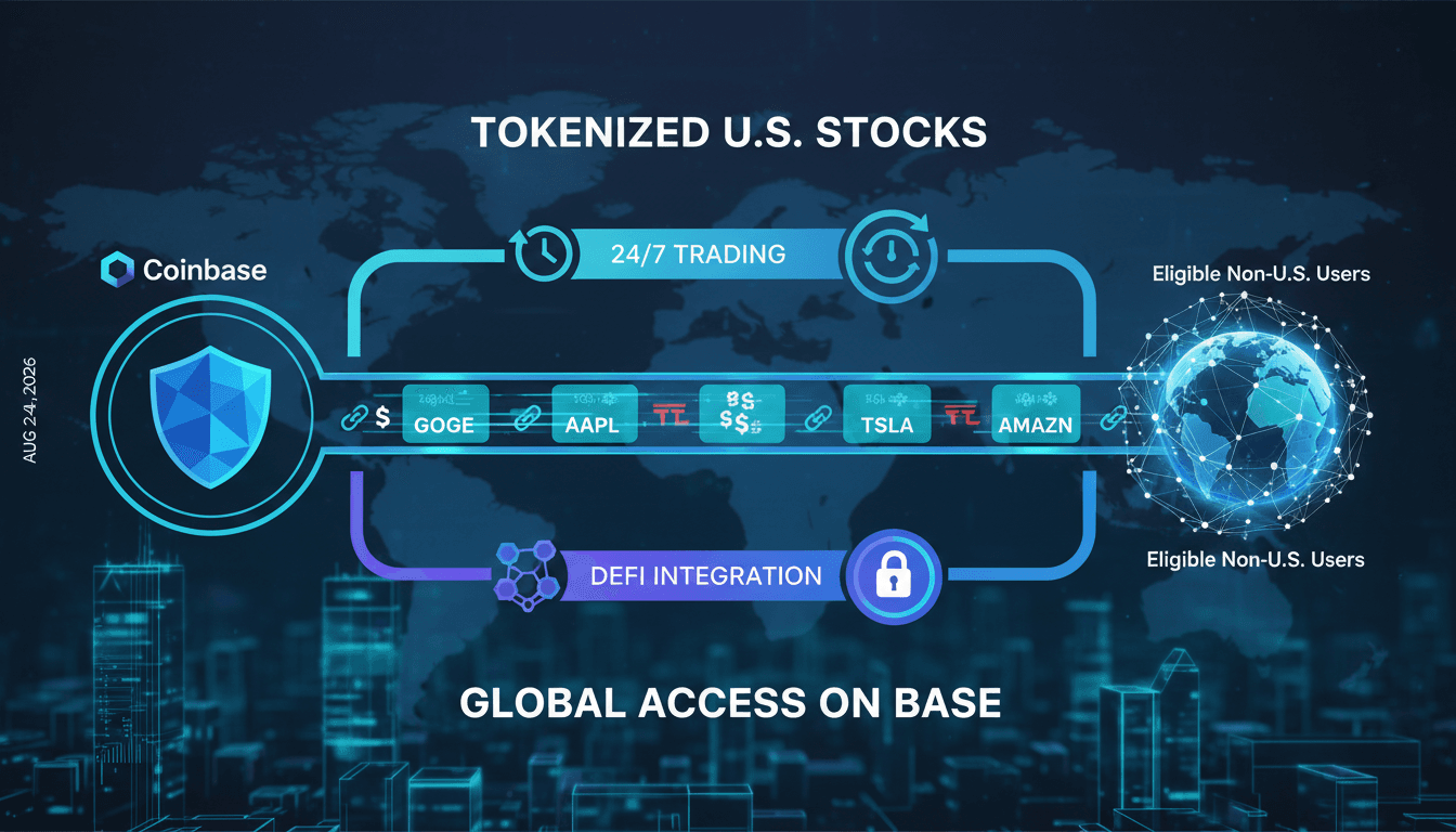 Infographic showing Coinbase's tokenized U.S. stocks and their benefits for global investors.