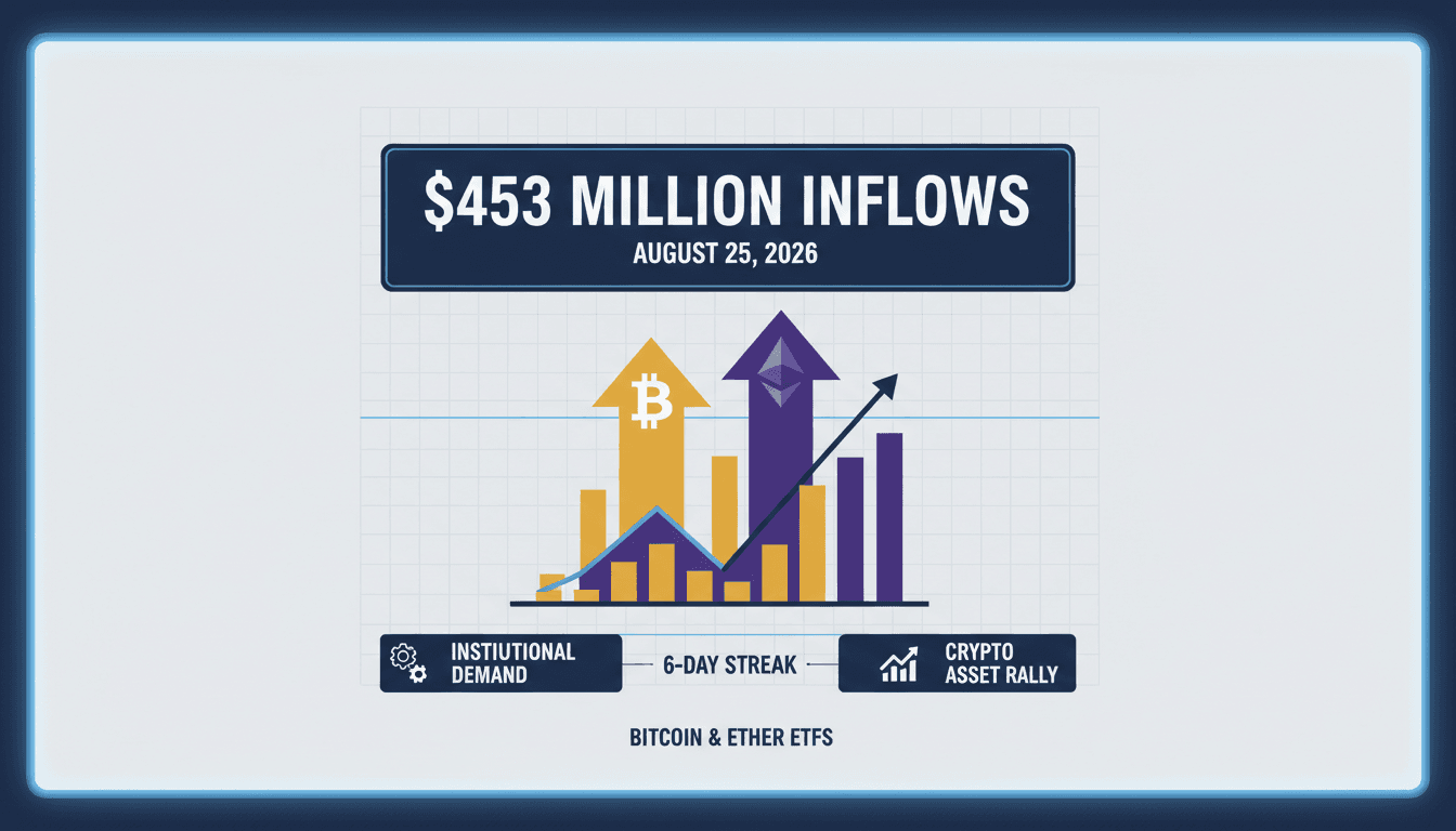 Infographic showing Bitcoin and Ether ETF inflows and market trends.
