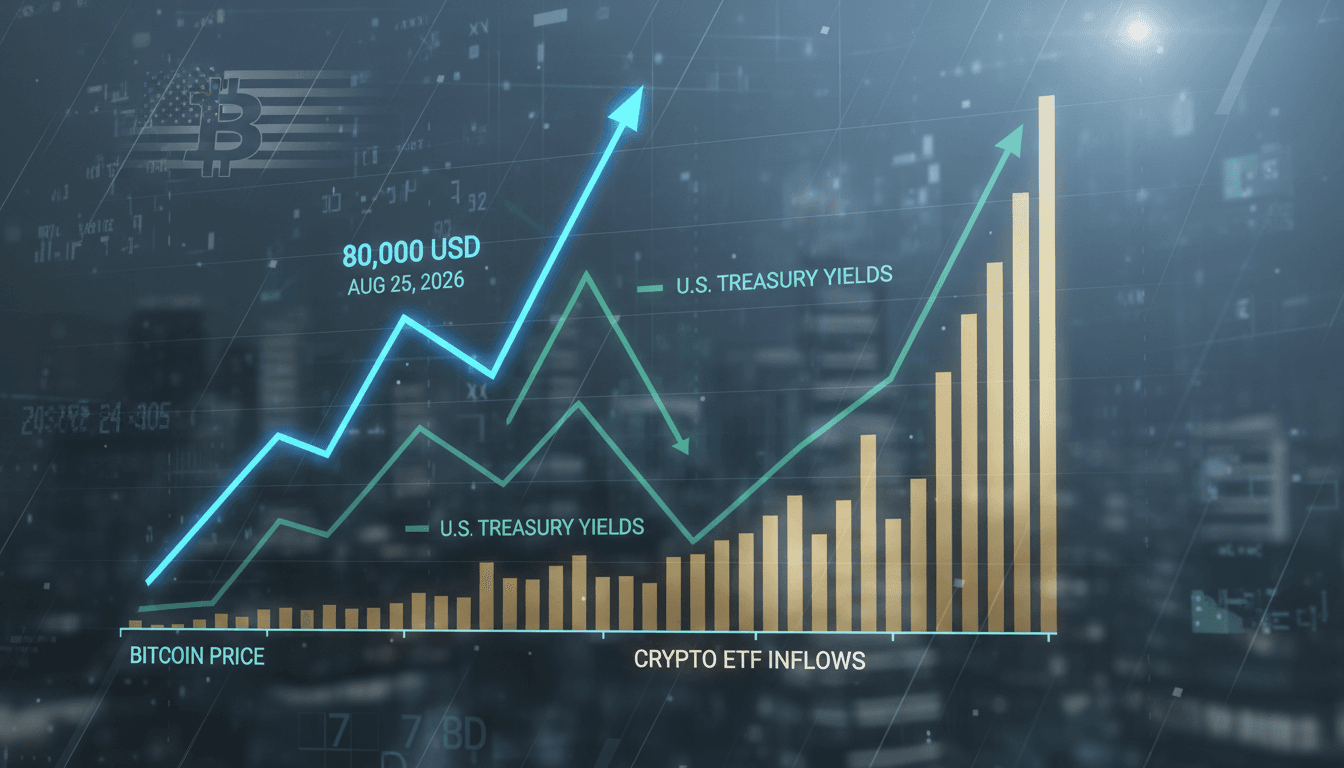 A chart showing Bitcoin's price surge above $80,000 alongside U.S. Treasury bond yields and ETF inflows.