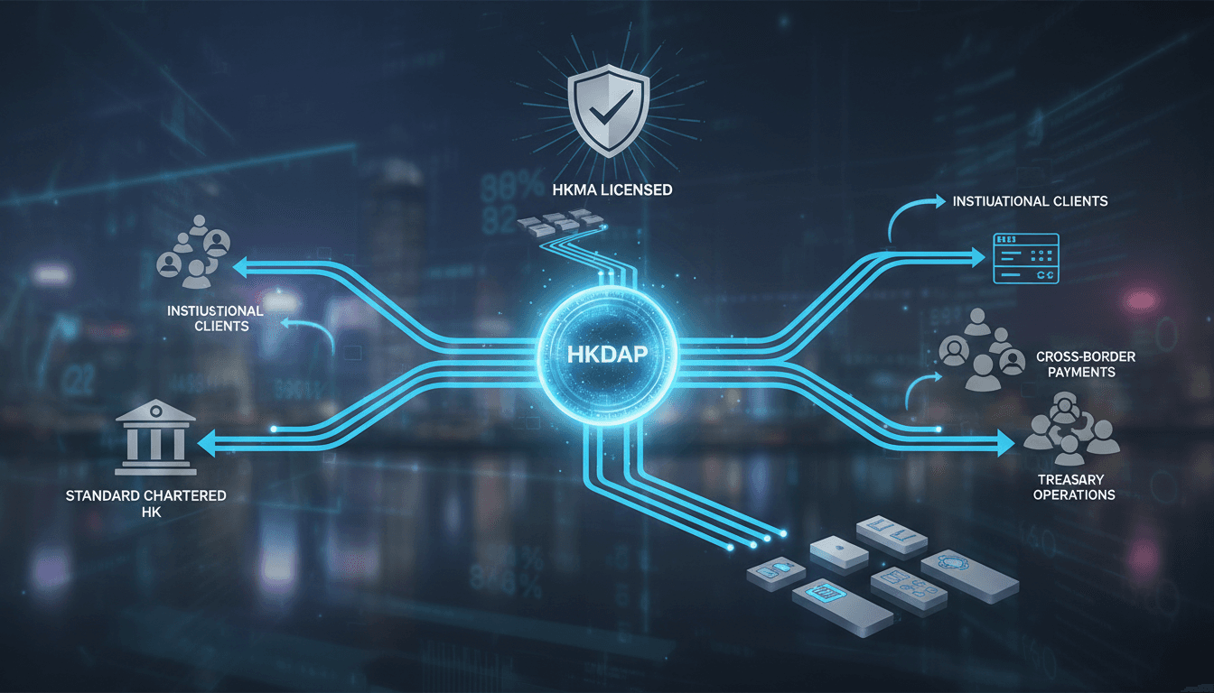 Infographic showing the flow of HKDAP stablecoin transactions through traditional banking channels.