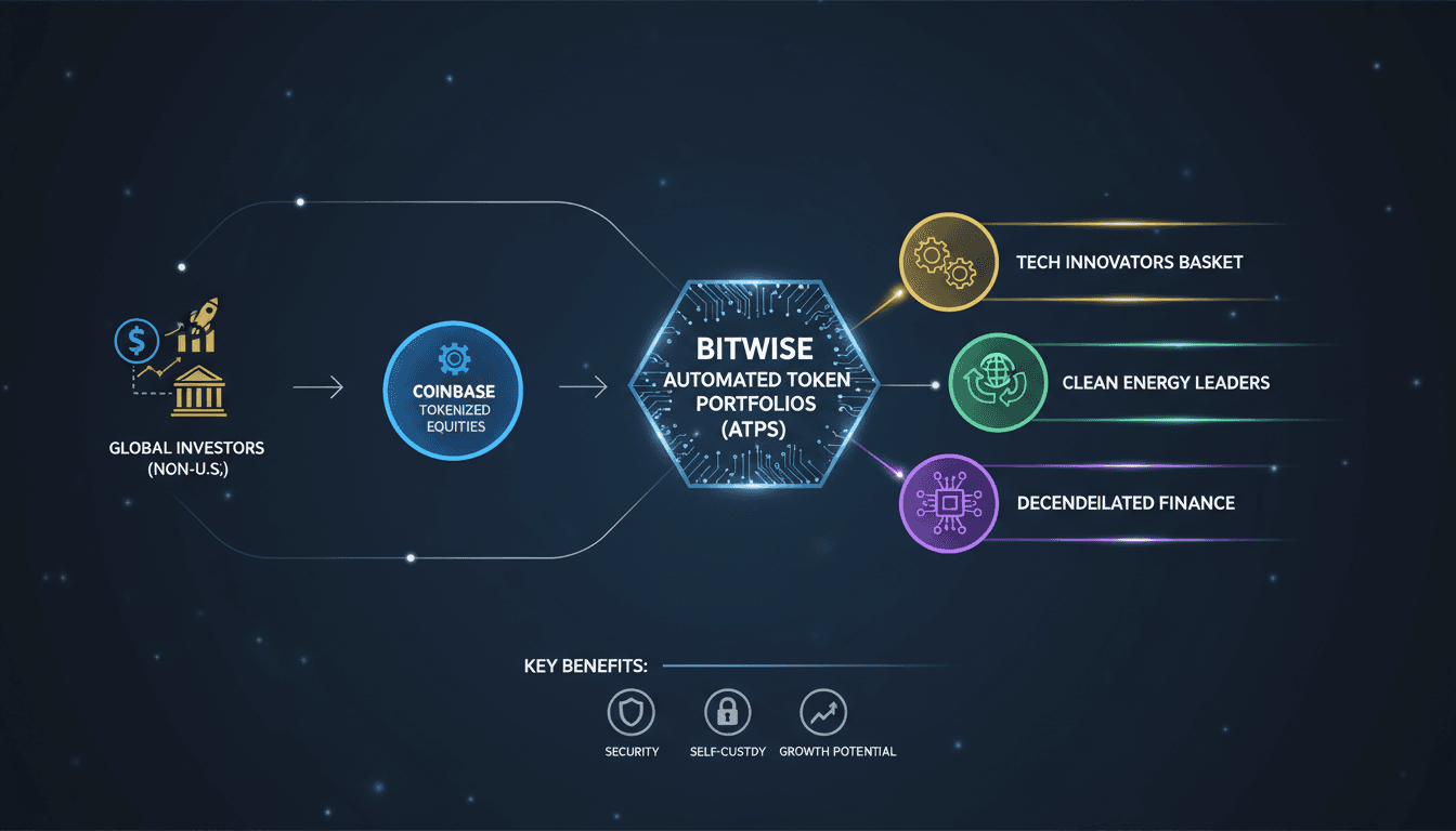 Infographic showing the flow of investment into Bitwise's Automated Token Portfolios and their key benefits.
