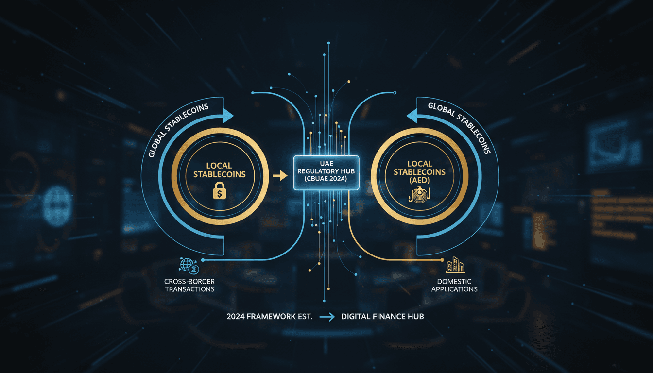 Infographic showing the UAE's dual-layer regulated stablecoin framework and its implications for digital finance.