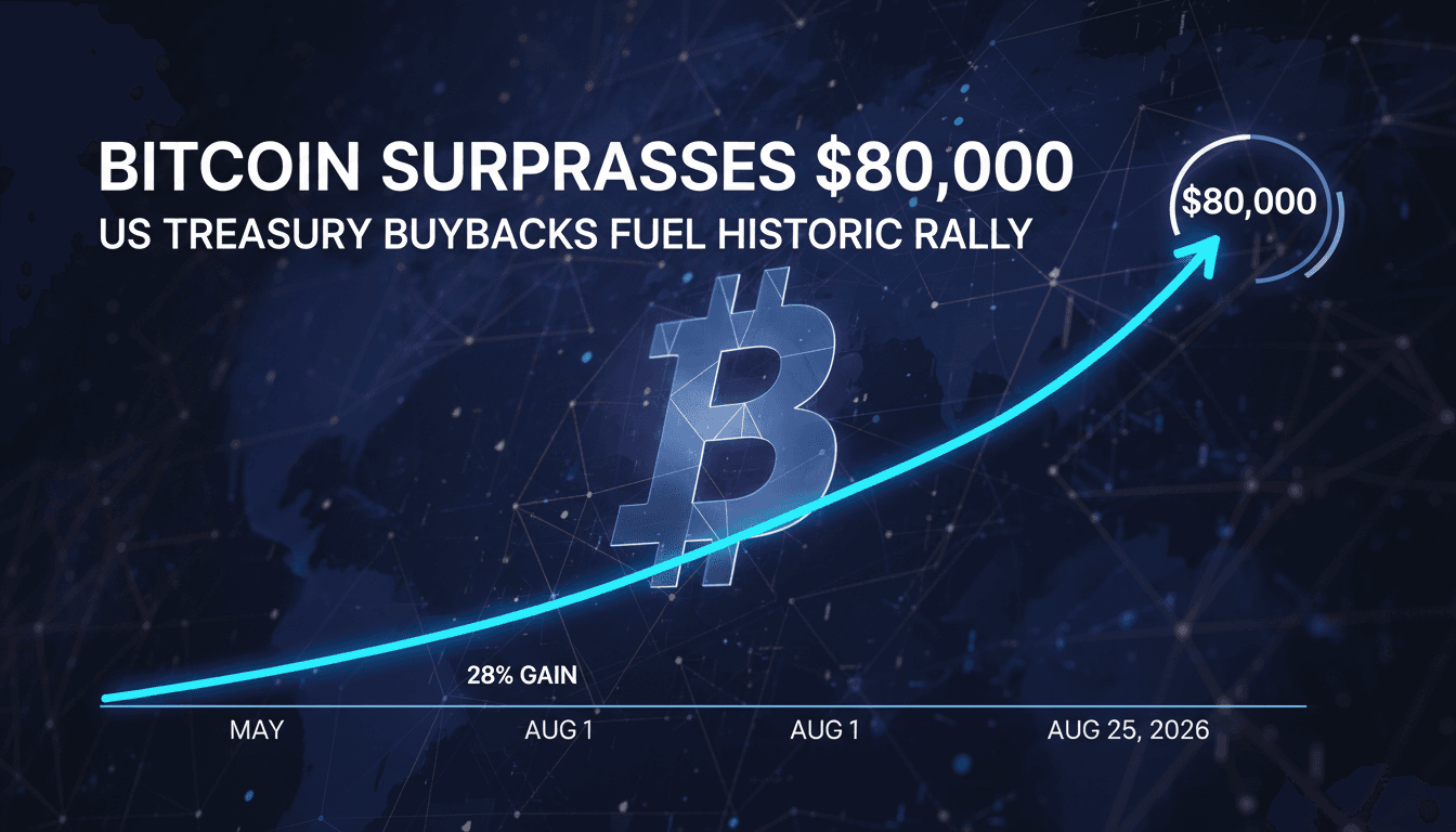 A dynamic chart illustrating Bitcoin's price surge past $80,000 amid market changes.