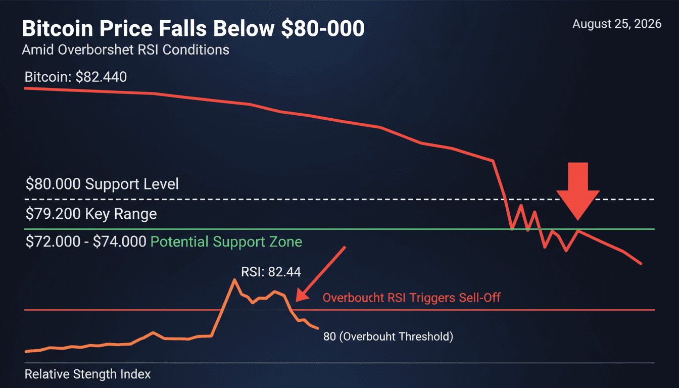 Bitcoin price chart showing drop below $80,000 with RSI indicators.