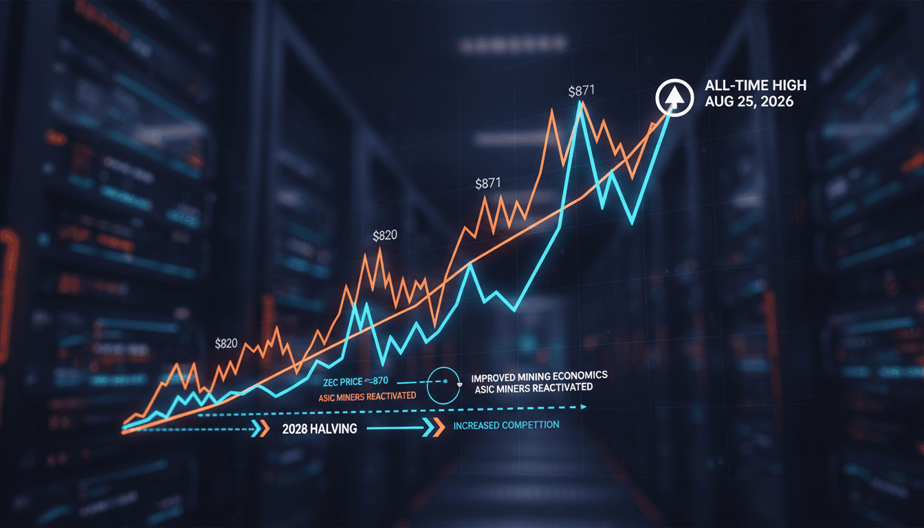 Graph showing Zcash hashrate and price surge in August 2026, highlighting mining profitability trends.