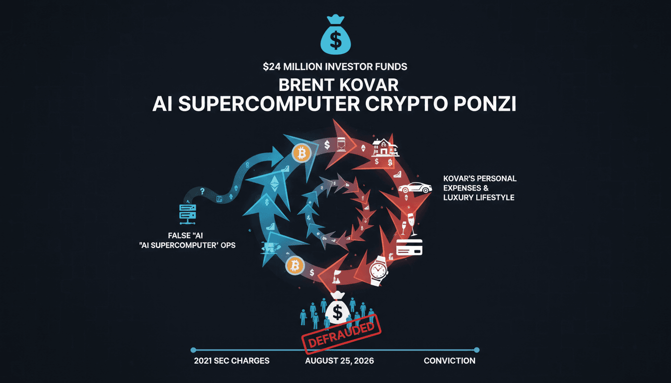 Infographic illustrating the $24 million Ponzi scheme by Brent Kovar, highlighting investor losses and fraudulent activities.