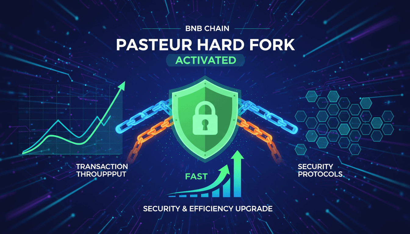 Infographic showing BNB Chain's Pasteur hard fork improvements in security and transaction throughput.
