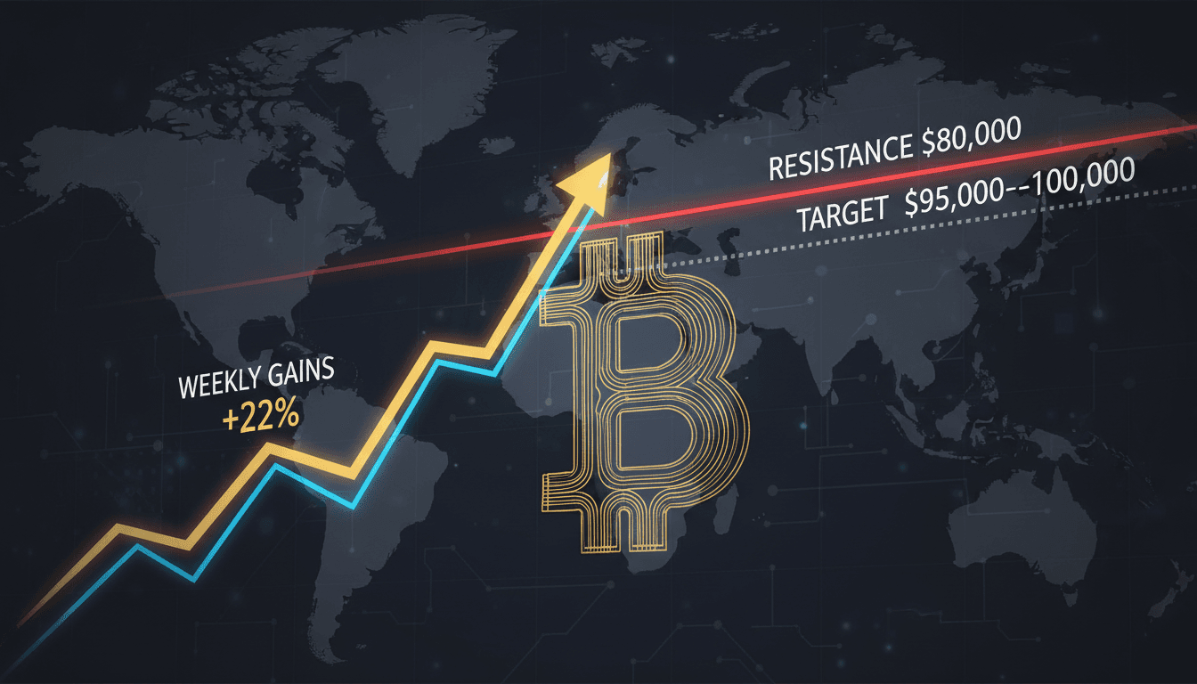 A graphic showing Bitcoin's price surge and resistance at $80,000.