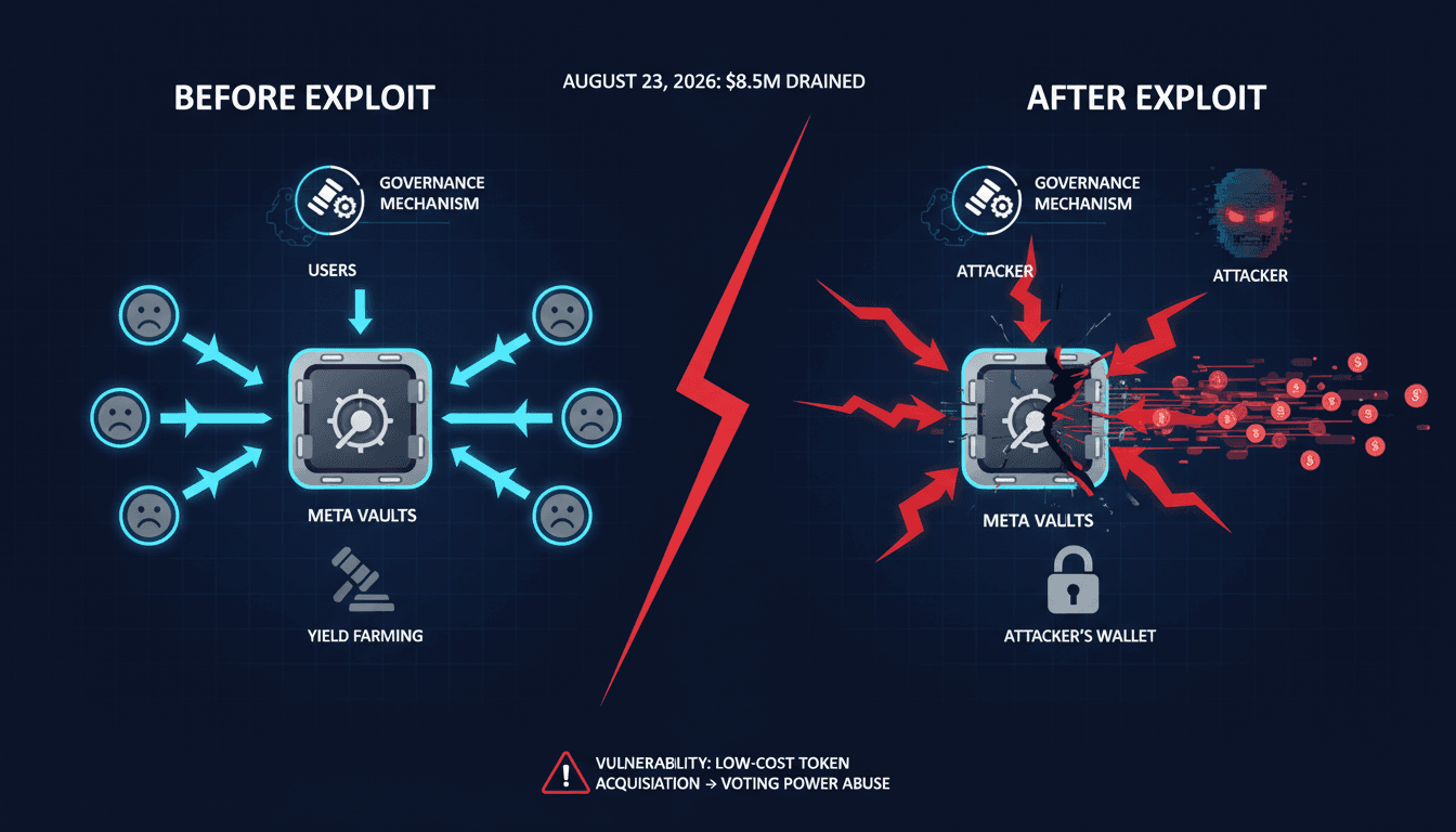 Infographic showing the flow of funds in Term Finance's Meta Vaults before and after the $8.5 million governance exploit.