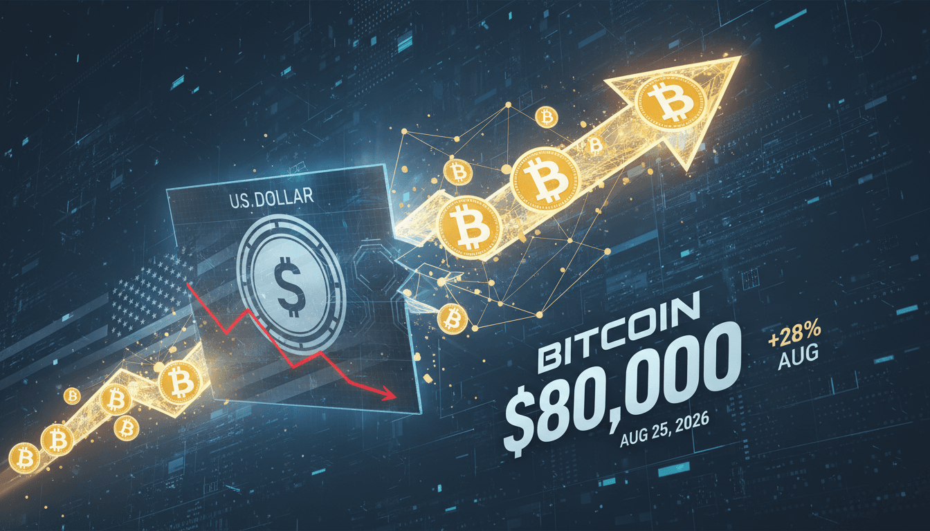 A graphic showing Bitcoin's price surge alongside the weakening US dollar.