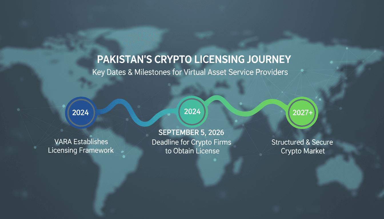 A timeline of Pakistan's crypto licensing regime, highlighting key dates and regulatory changes.