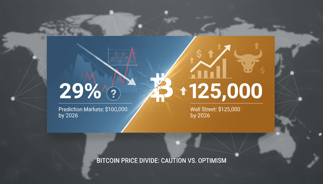 A visual representation of Bitcoin price predictions showing contrasting forecasts from prediction markets and Wall Street analysts.