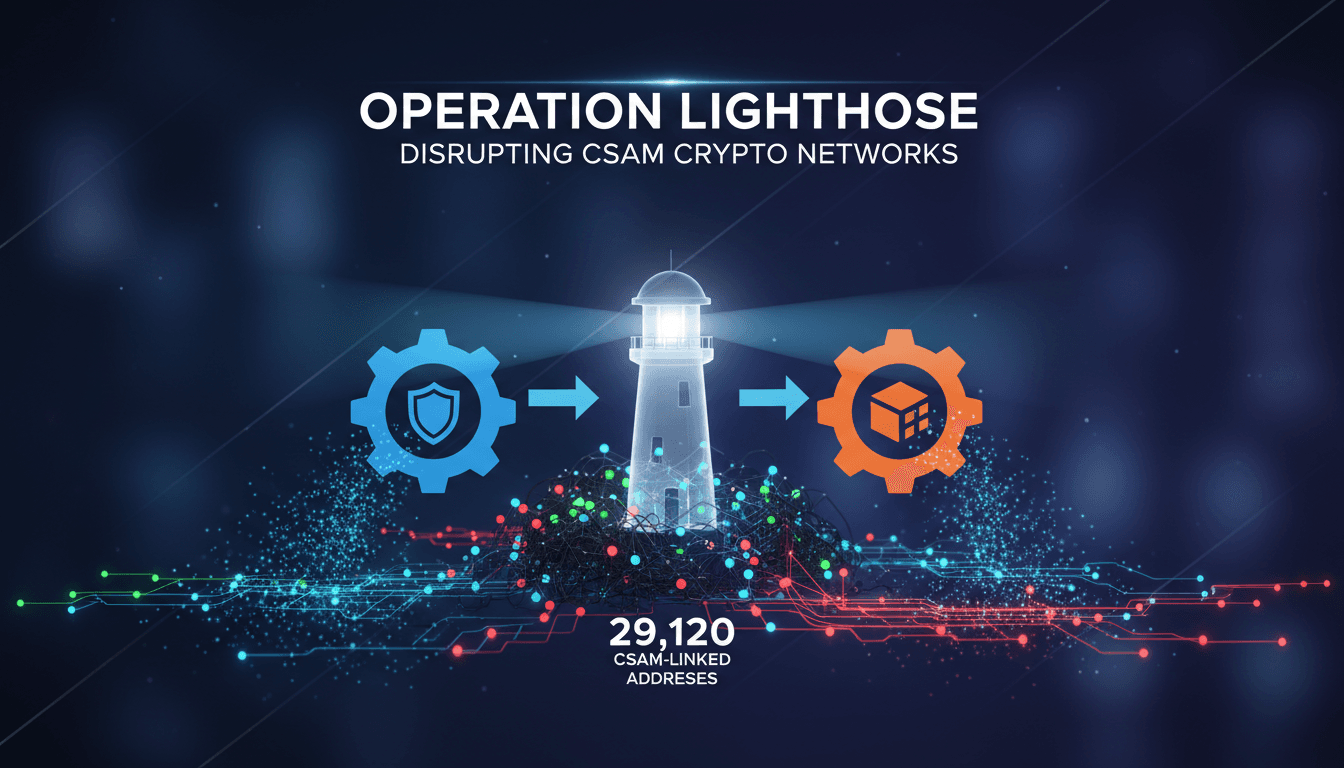 Infographic showing Operation Lighthouse's impact on cryptocurrency addresses linked to child sexual abuse material.