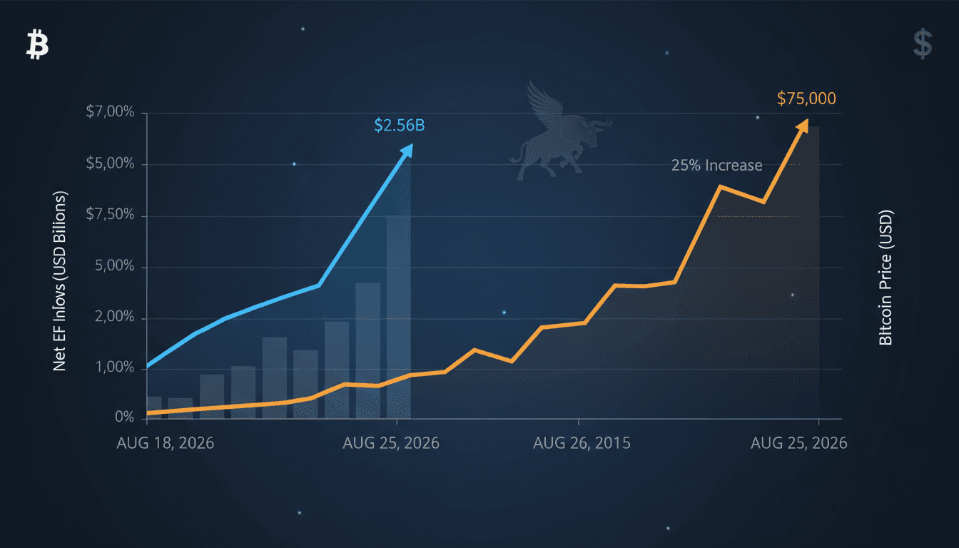 A chart showing the surge in U.S. Bitcoin ETF inflows and corresponding price movements in August 2026.