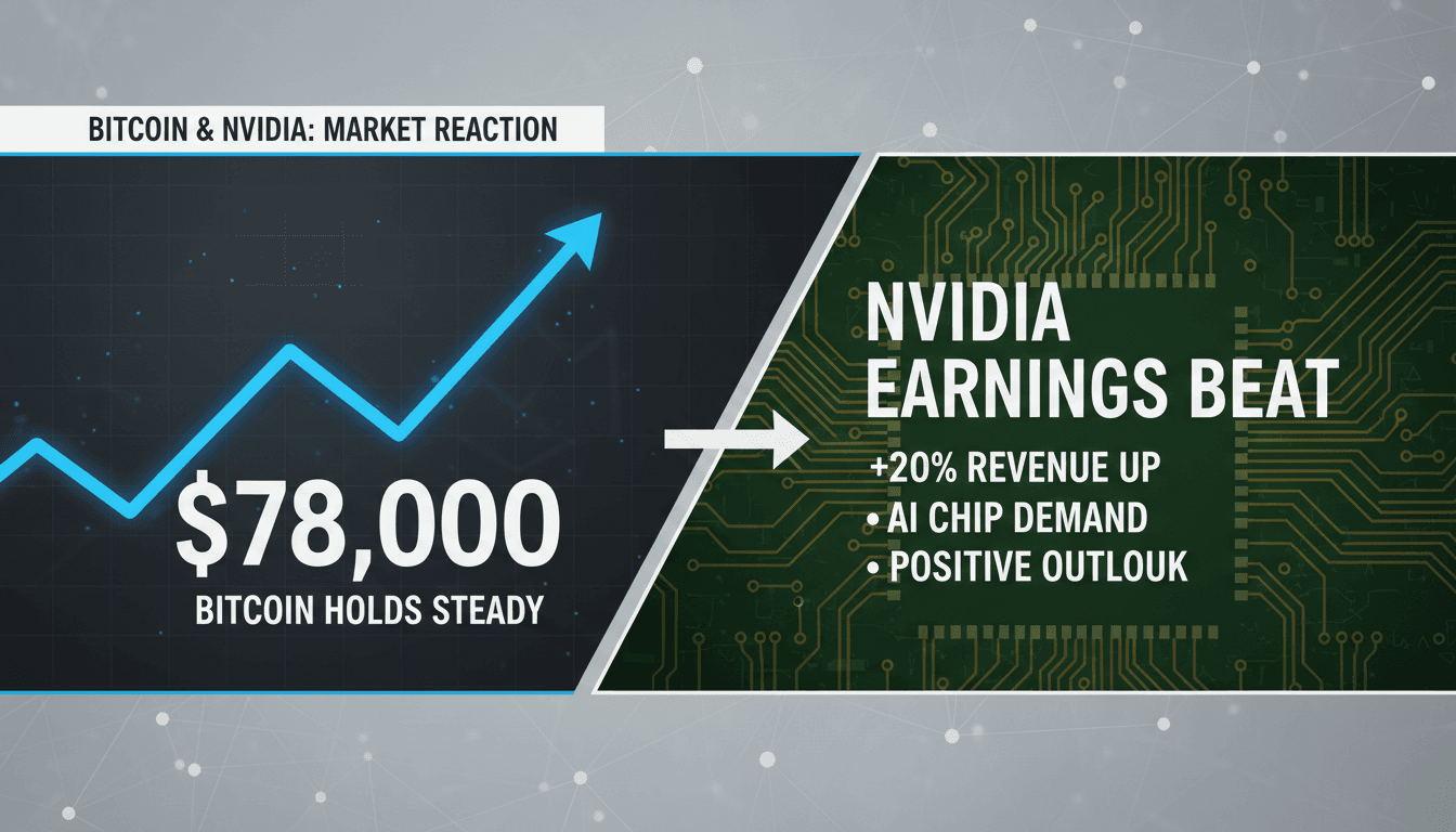 A graphic showing Bitcoin's price stability above $78,000 alongside Nvidia's strong earnings report.