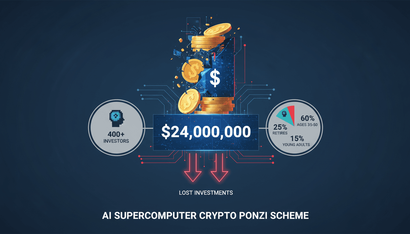 Infographic detailing the $24 million lost in the AI crypto Ponzi scheme by Brent Kovar.