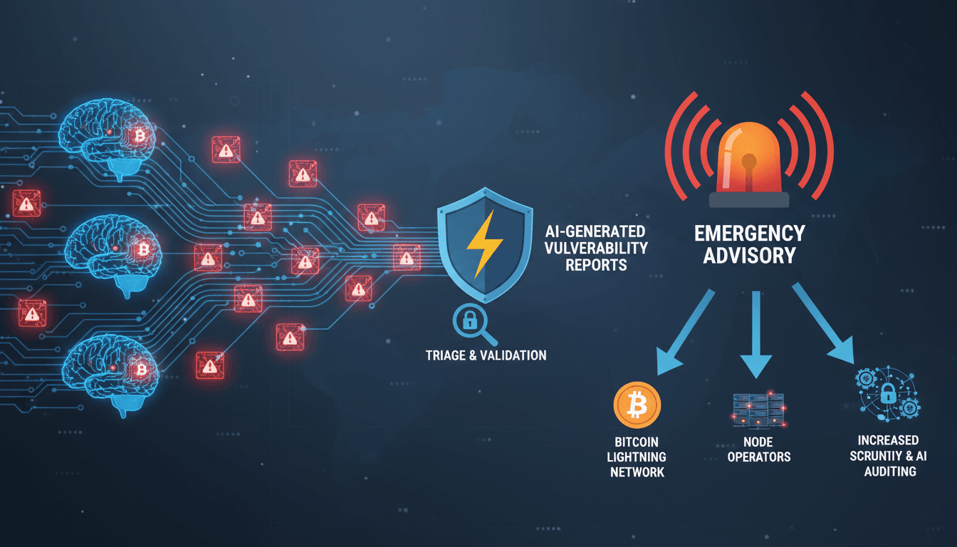Infographic showing the impact of AI-generated vulnerabilities on Bitcoin Lightning Network operators.