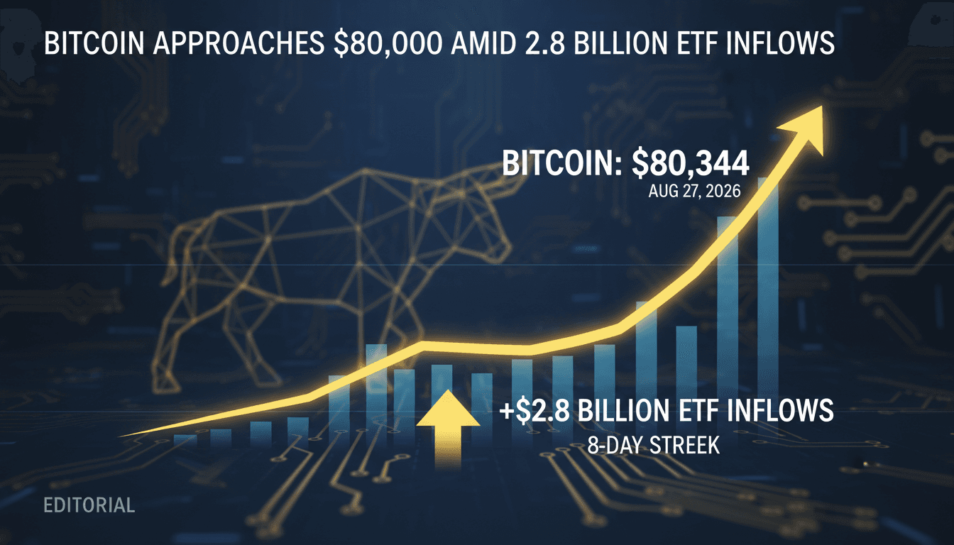 A graphic depicting Bitcoin's price near $80,000 alongside ETF inflow data.