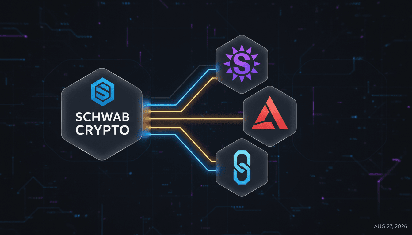 A graphic featuring Solana, Avalanche, and Chainlink logos with Schwab Crypto branding.