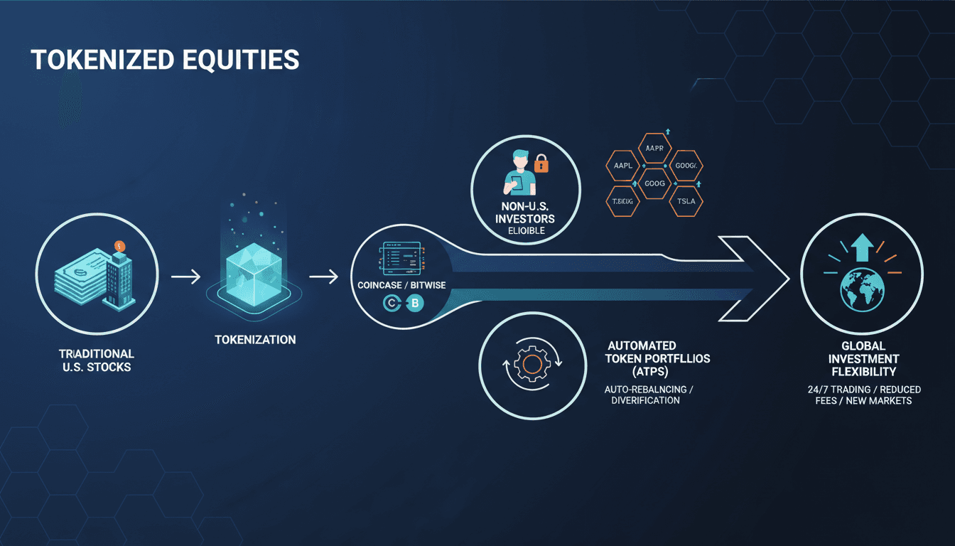 Infographic showing the flow of tokenized equities into automated portfolios by Bitwise, highlighting key features and benefits.