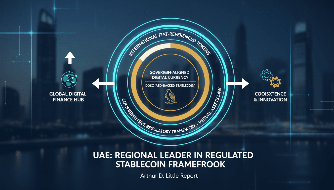 Infographic illustrating the UAE's dual-layer regulated stablecoin framework and its implications for digital finance.