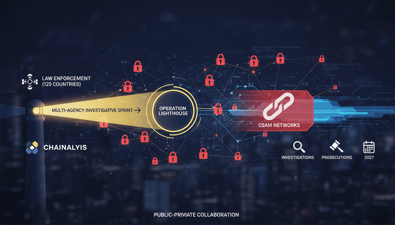Infographic showing the investigation of cryptocurrency addresses linked to CSAM networks in Operation Lighthouse.