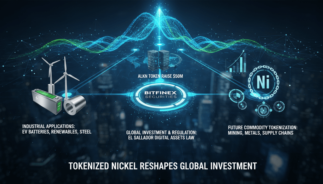 Infographic showing the flow of capital from Bitfinex's $50 million nickel token raise to industrial applications.