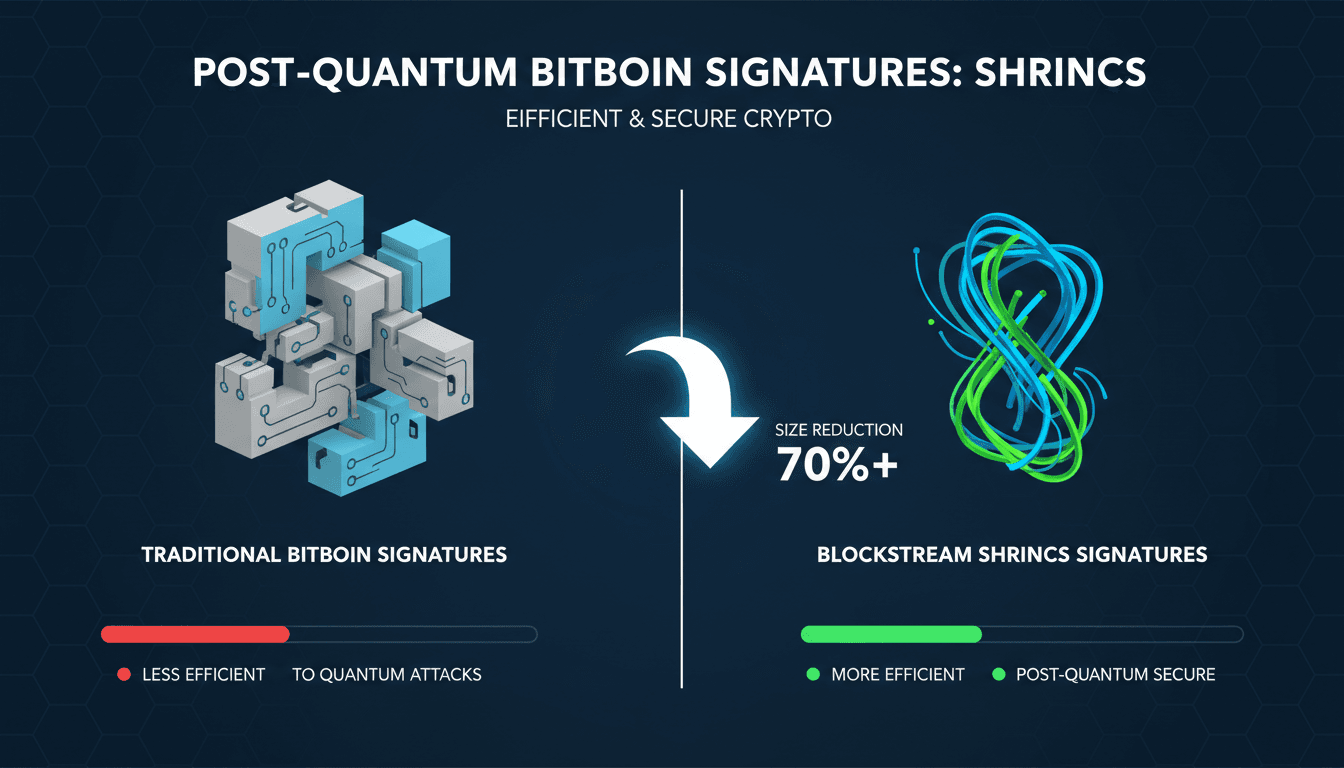 Infographic comparing SHRINCS signature sizes to traditional Bitcoin signatures, emphasizing quantum security.