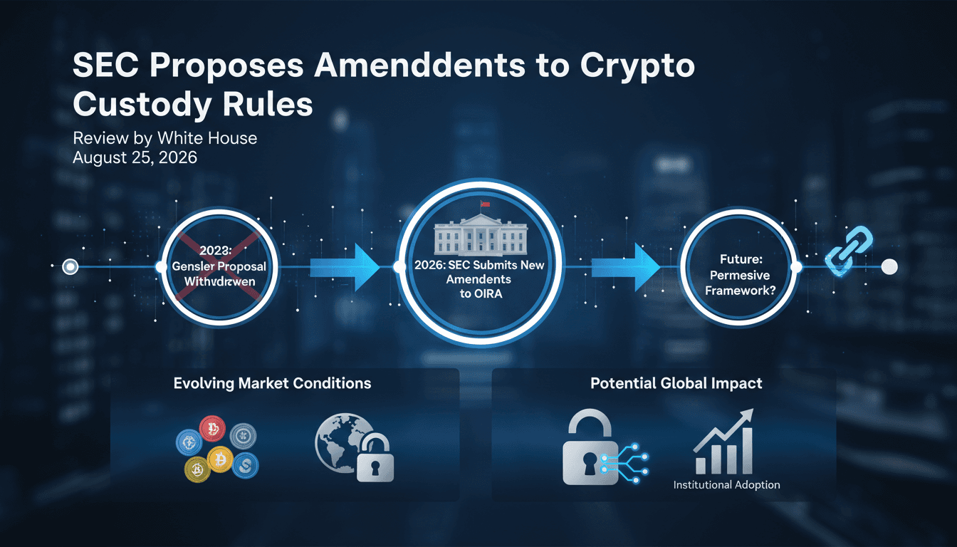 Infographic showing SEC crypto custody rule amendments timeline and impacts on asset management.
