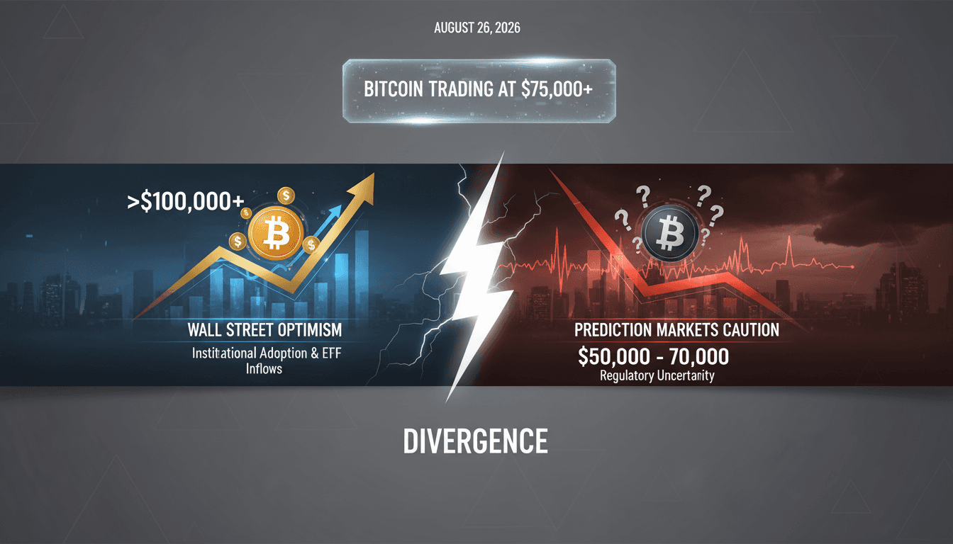 A visual representation of Bitcoin price predictions showing divergence between Wall Street and prediction markets.