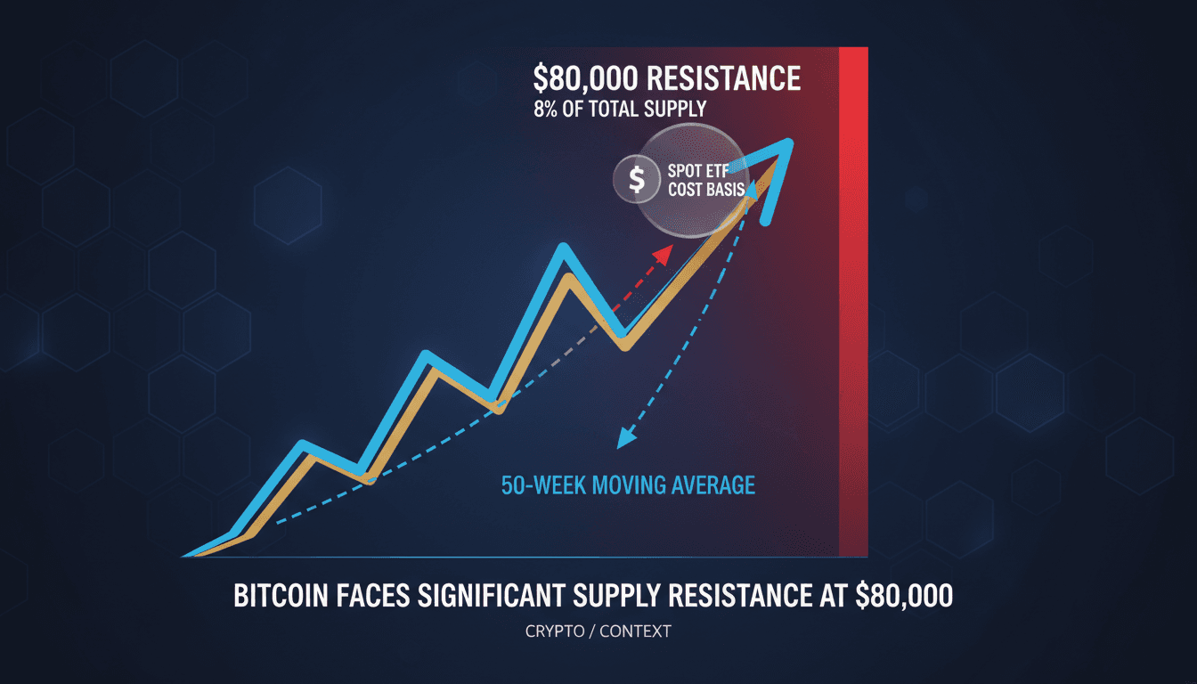 A visual representation of Bitcoin's price resistance levels at $80,000, highlighting key statistics and market dynamics.