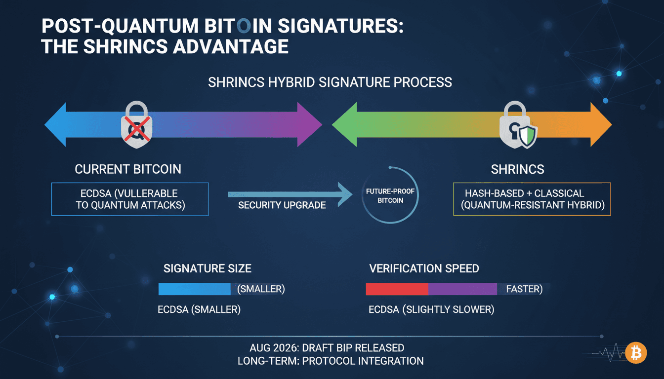 Infographic showing the SHRINCS signature process and its benefits for Bitcoin security.