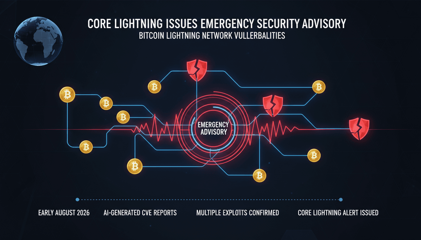 Infographic showing Bitcoin Lightning Network vulnerabilities and emergency advisory timeline.