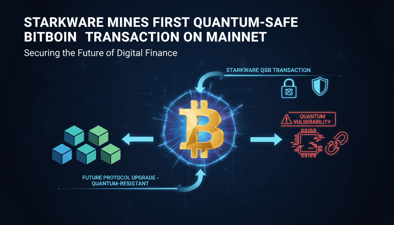 Infographic showing Starkware's quantum-safe Bitcoin transaction process and its significance for future security.