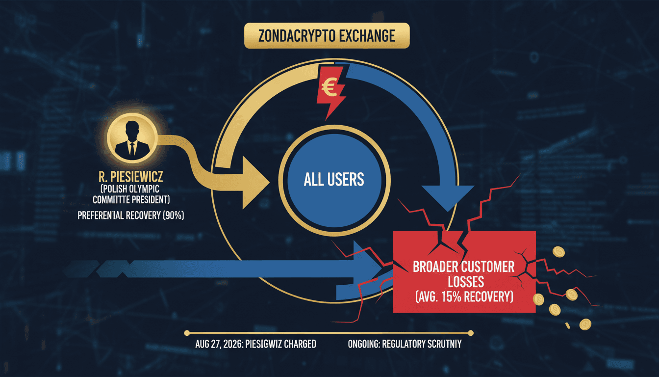 Infographic showing the financial impact of the Zondacrypto collapse on users and the recovery of Radosław Piesiewicz.