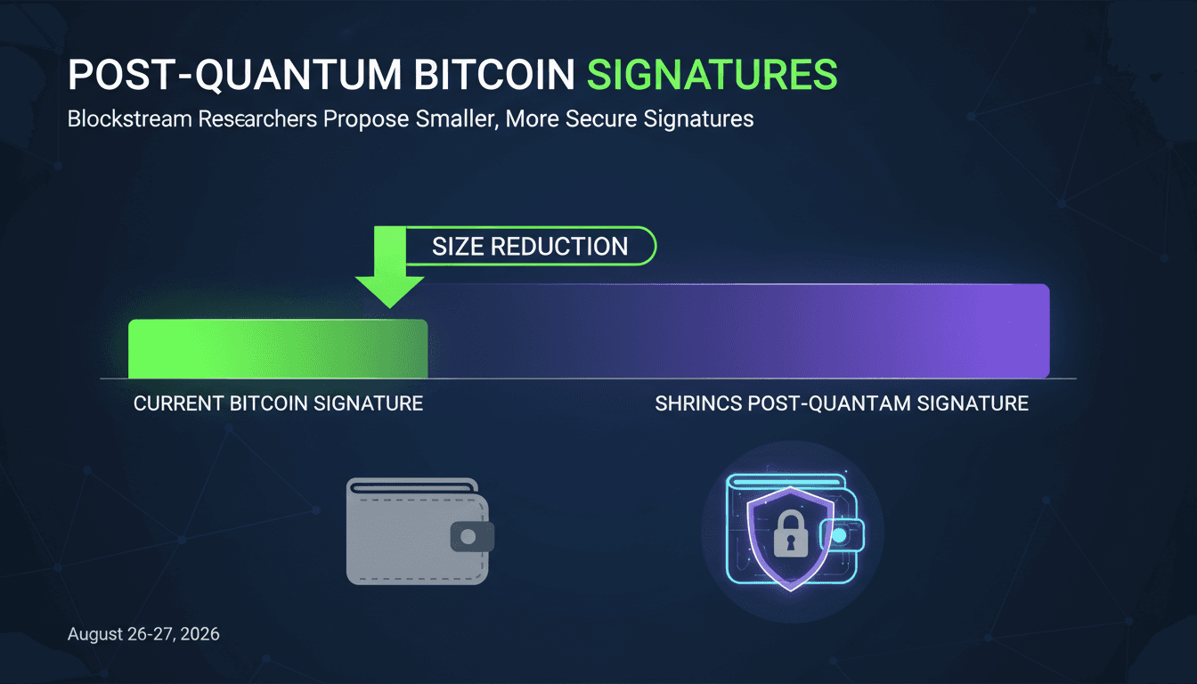 Infographic comparing SHRINCS signature sizes to traditional Bitcoin signatures, emphasizing efficiency and security.