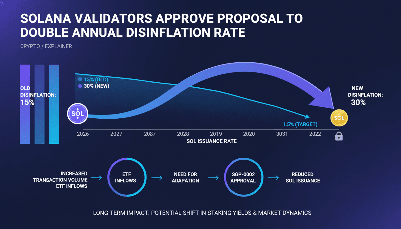 Infographic showing Solana's disinflation rate changes and projected SOL issuance decline.