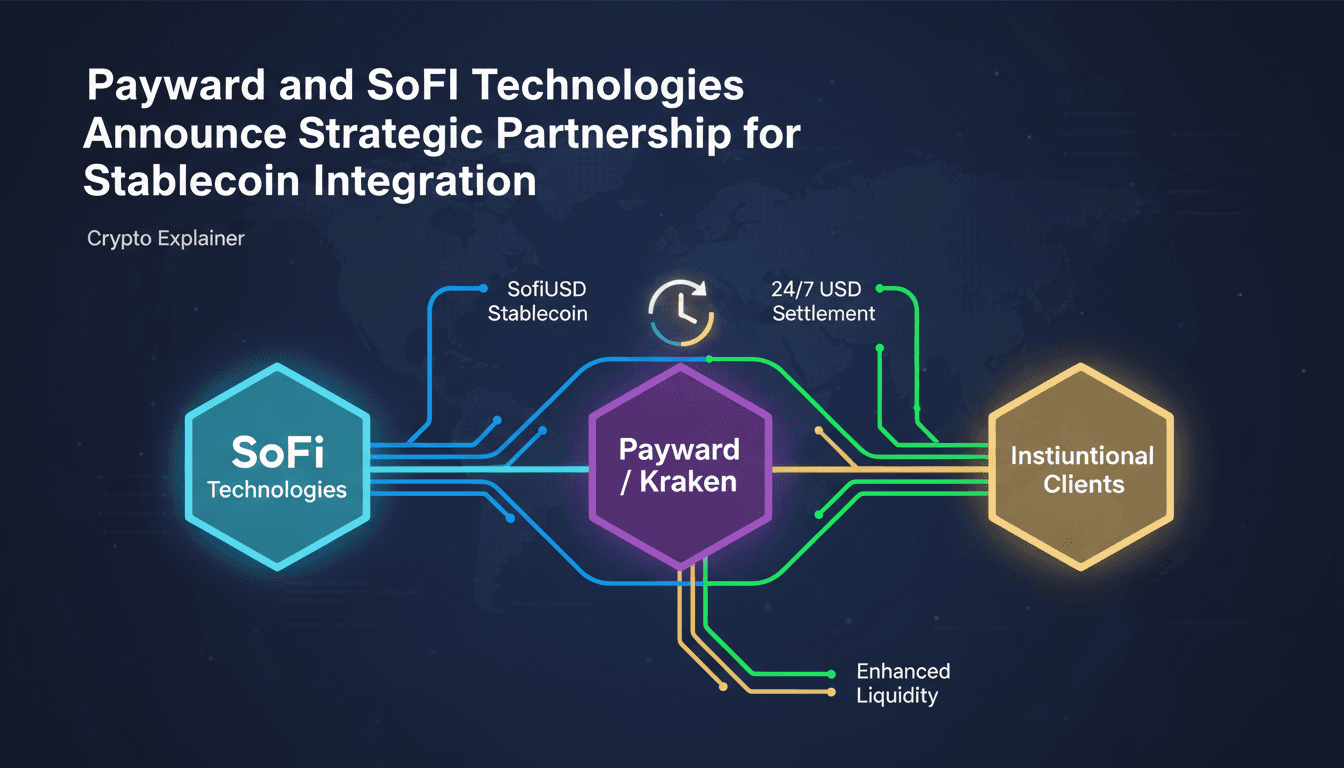 Infographic showing transaction flow between Payward, SoFi, and Kraken, emphasizing stablecoin benefits.